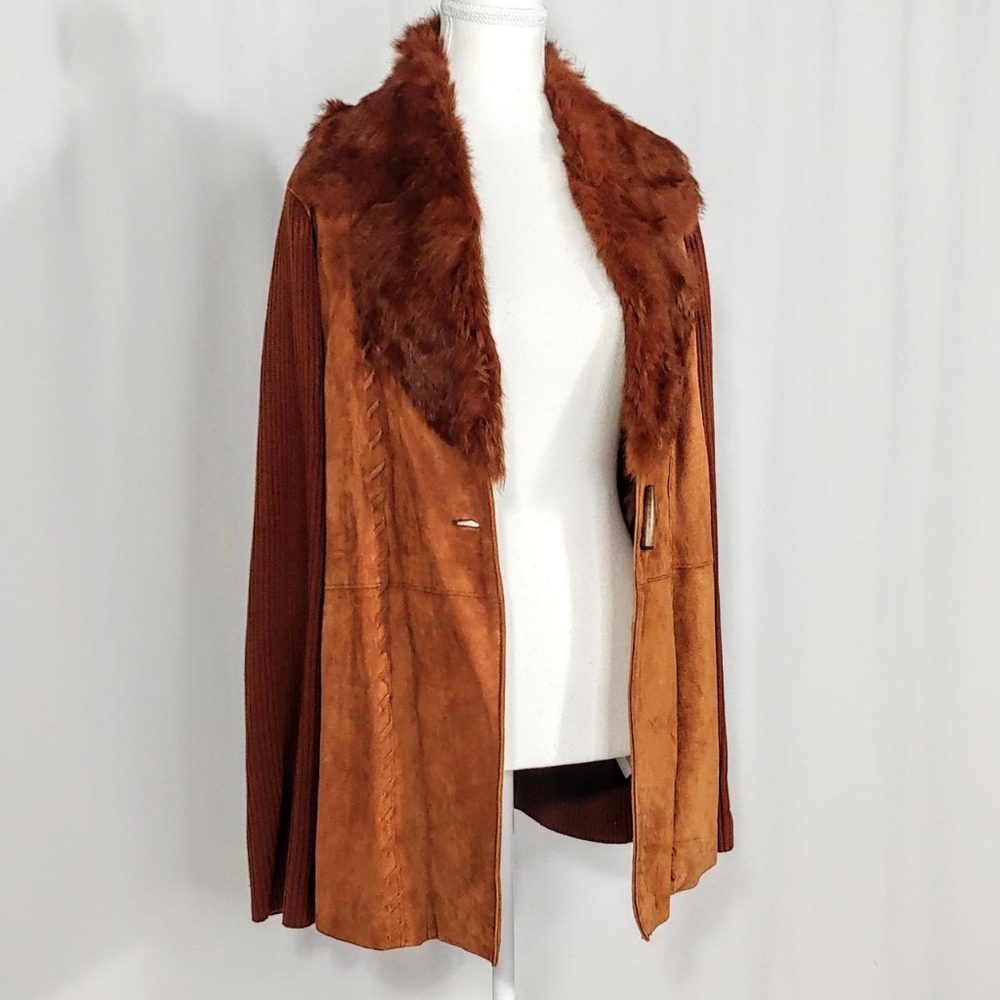 SOLD Fur collar suede front sweater jacket